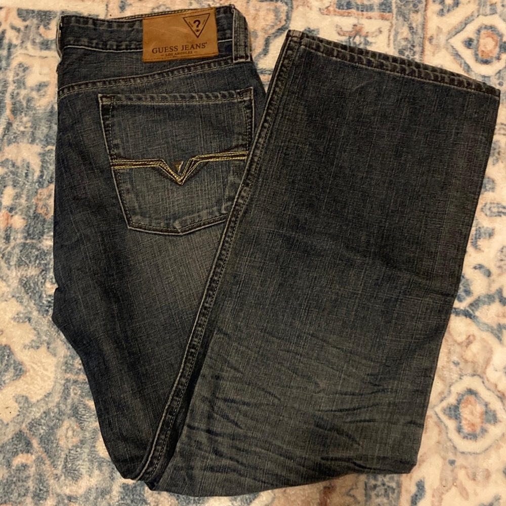 GUESS Men's Washed Dark Indigo Straight Jeans